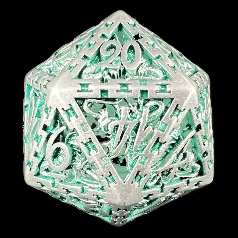 TDSO Metal Hollow Dragon Cage Silver & Green D20 Dice