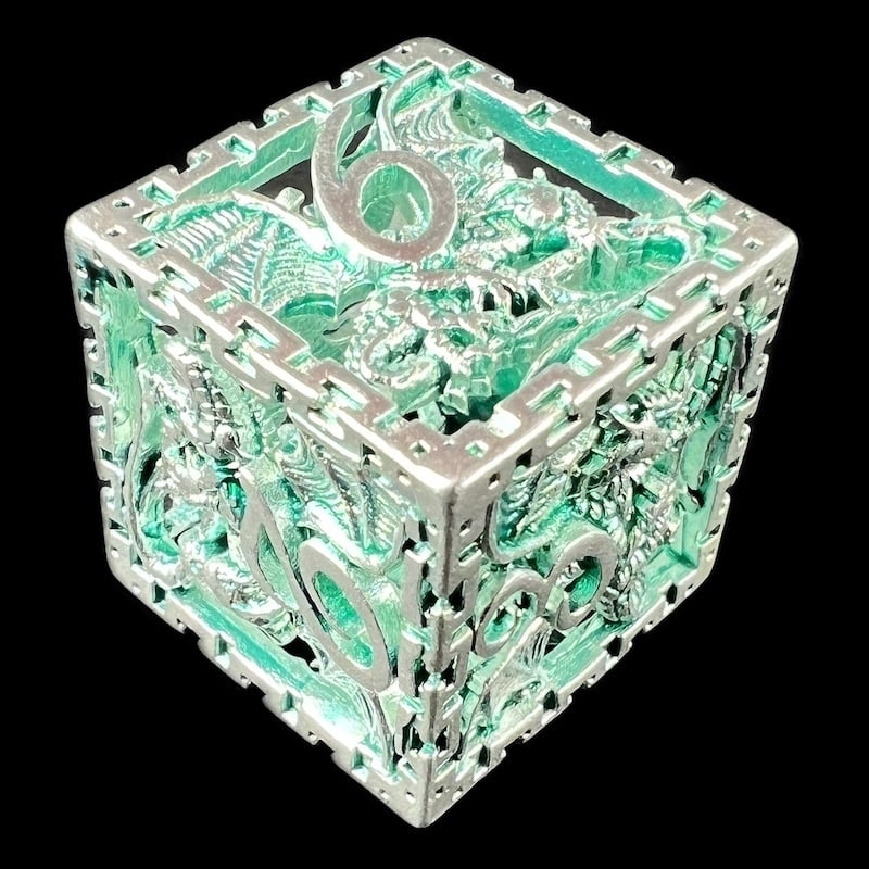 TDSO Metal Hollow Dragon Cage Silver & Green D6 Dice