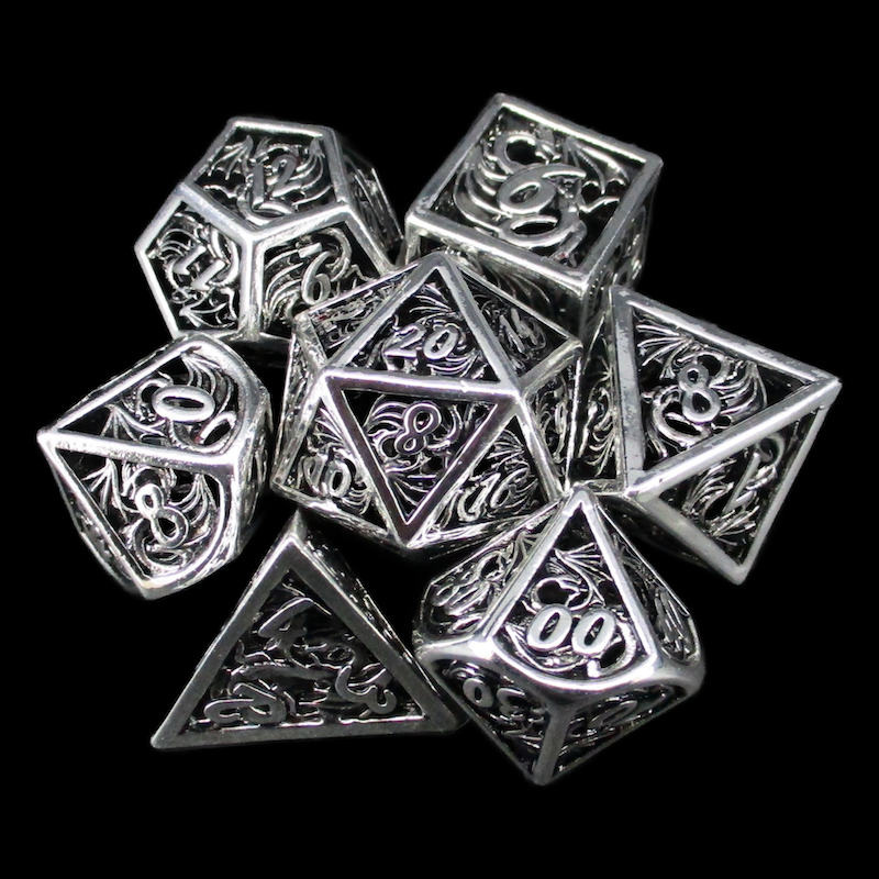 TDSO Metal Hollow Dragon Horde Bright Silver 7 Dice Polyset