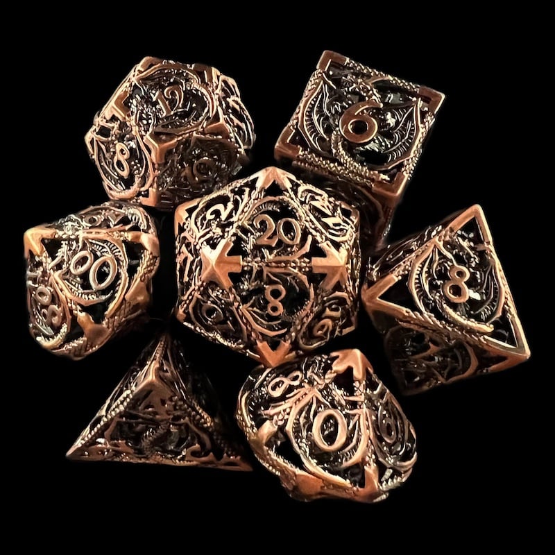 TDSO Metal Hollow Flying Dragon Antique Copper 7 Dice Polyset