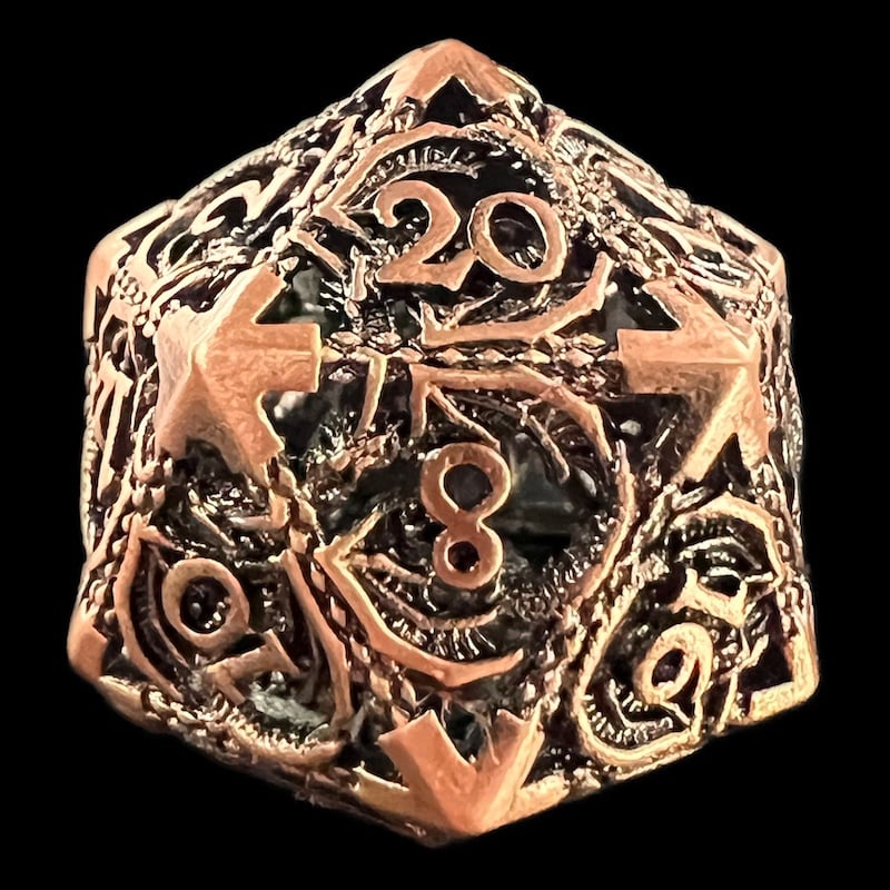 TDSO Metal Hollow Flying Dragon Antique Copper D20 Dice