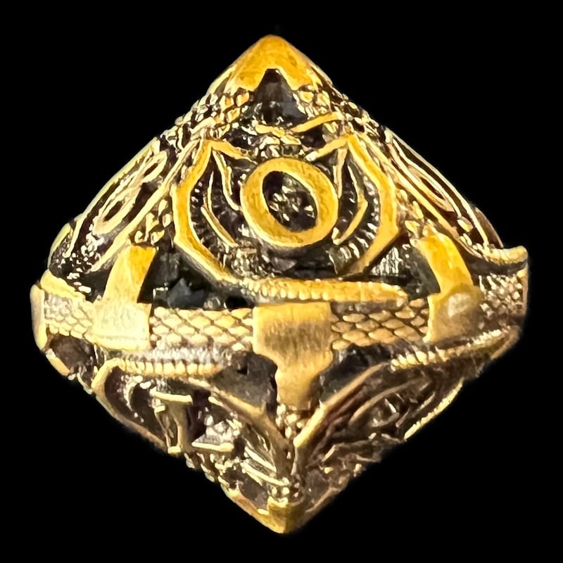 TDSO Metal Hollow Flying Dragon Antique Gold D10 Dice