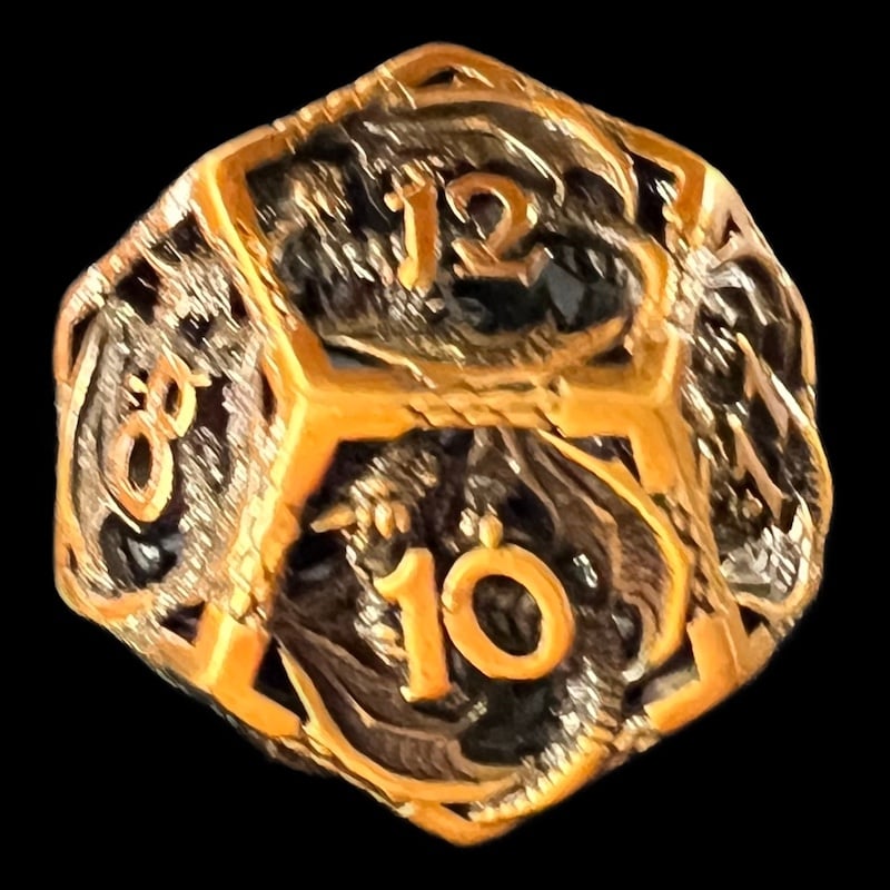 TDSO Metal Hollow Flying Dragon Antique Gold D12 Dice