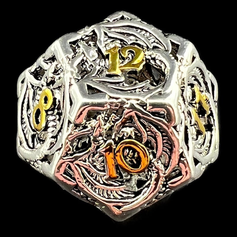 TDSO Metal Hollow Flying Dragon Bright Silver & Gold D12 Dice