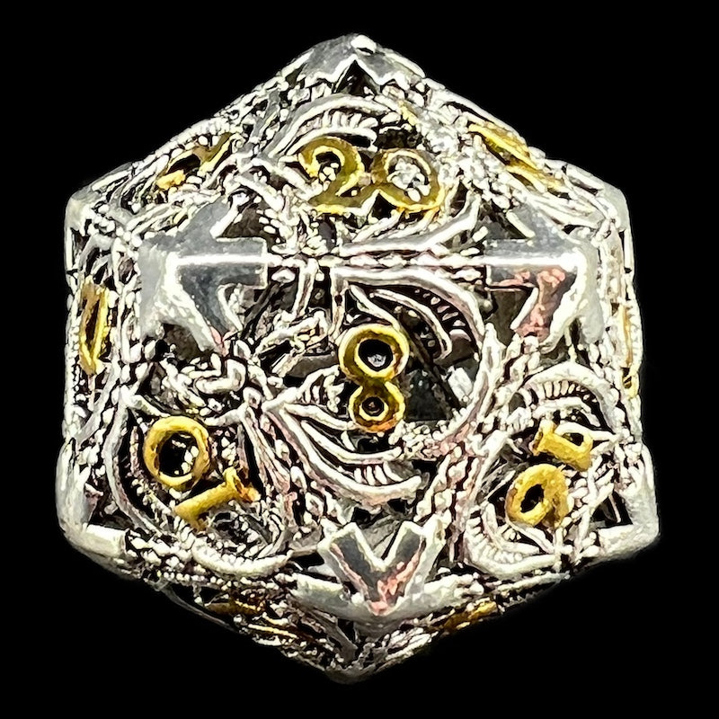 TDSO Metal Hollow Flying Dragon Bright Silver & Gold D20 Dice