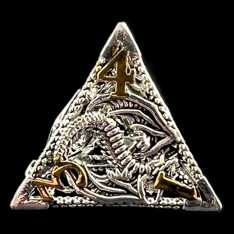TDSO Metal Hollow Flying Dragon Bright Silver & Gold D4 Dice