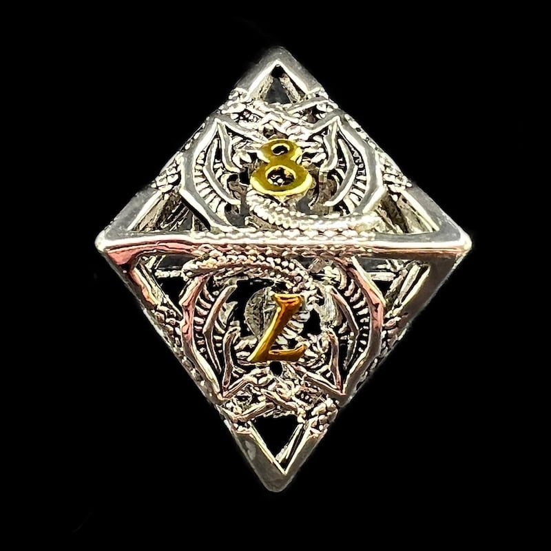 TDSO Metal Hollow Flying Dragon Bright Silver & Gold D8 Dice
