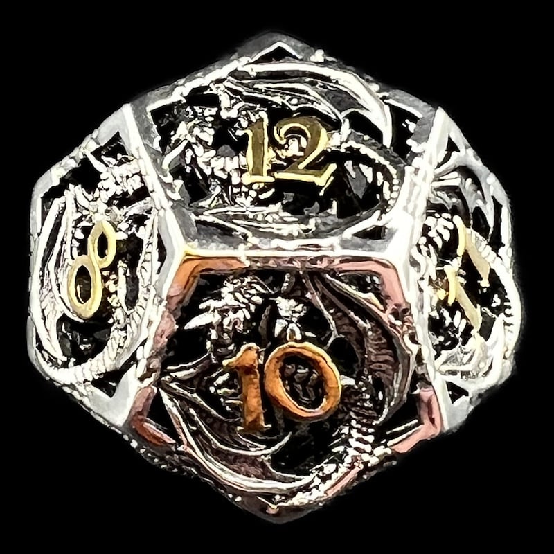 TDSO Metal Hollow Flying Dragon Silver & Gold D12 Dice