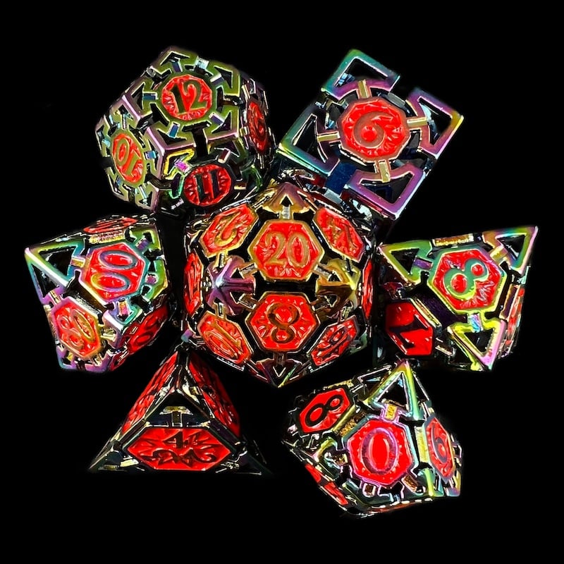 TDSO Metal Hollow Magician Iridescent & Red 7 Dice Polyset