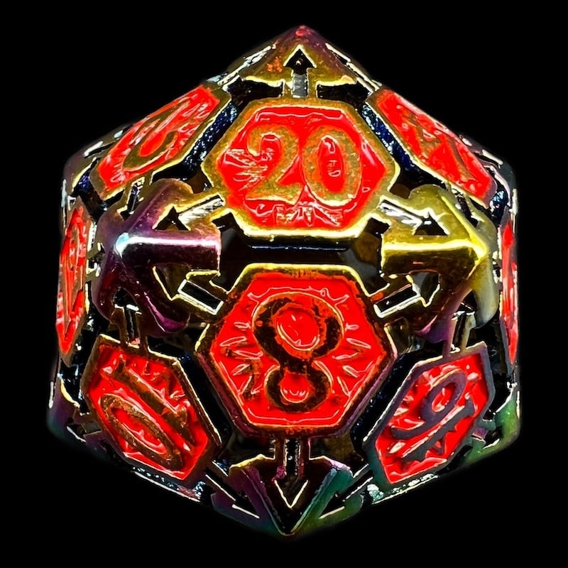 TDSO Metal Hollow Magician Iridescent & Red D20 Dice