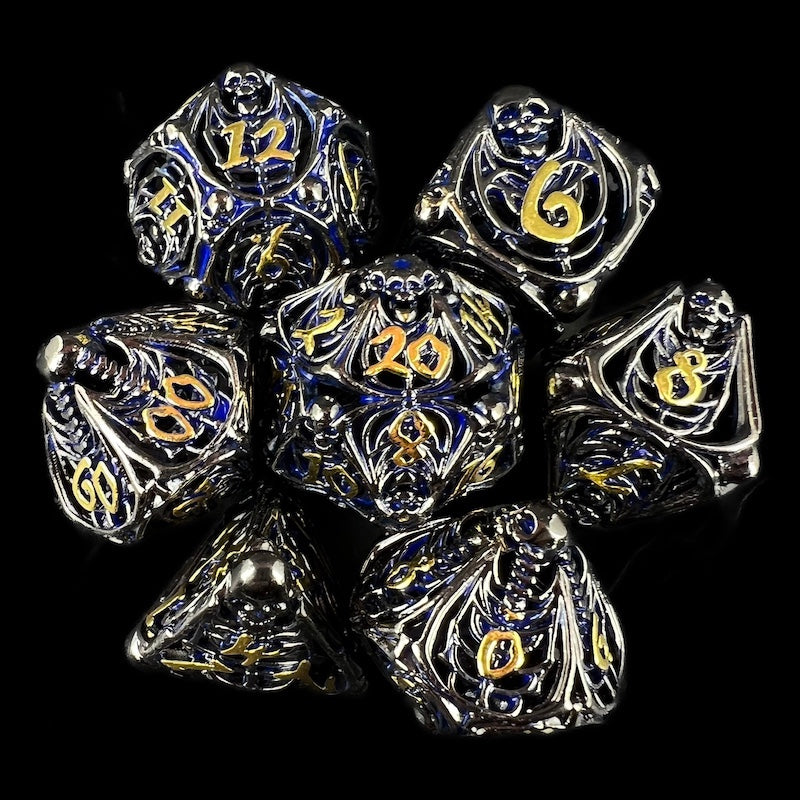 TDSO Metal Hollow Skeleton Black Nickel & Blue 7 Dice Polyset