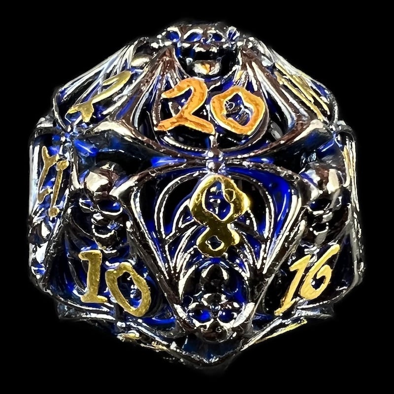 TDSO Metal Hollow Skeleton Black Nickel & Blue D20 Dice