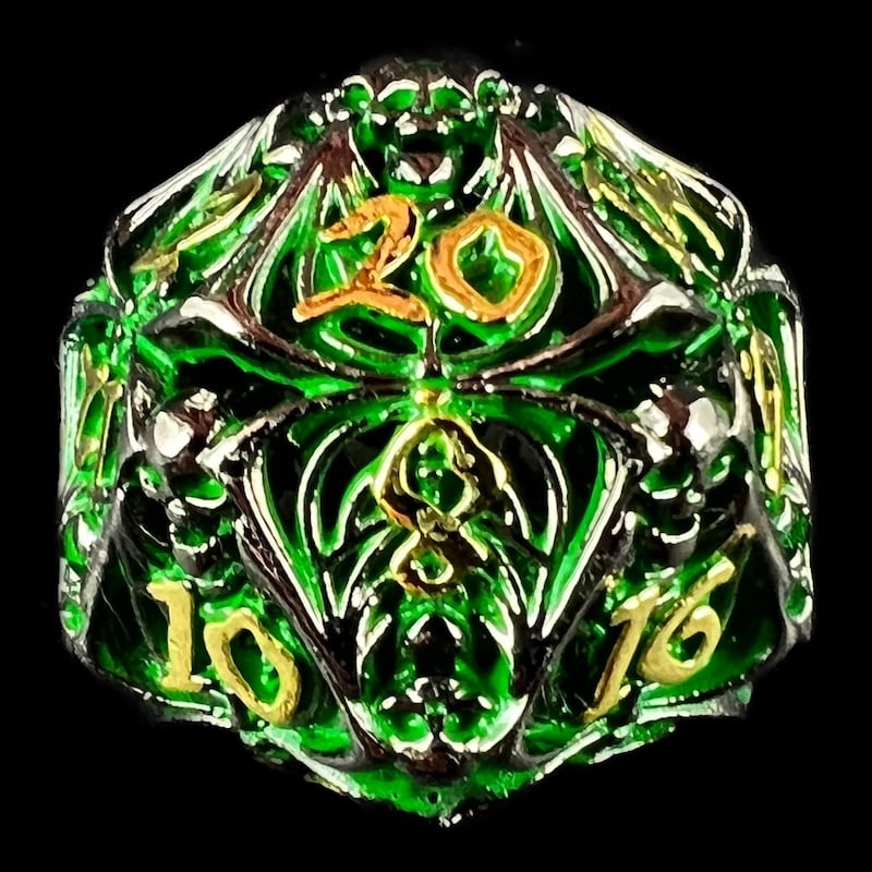 TDSO Metal Hollow Skeleton Black Nickel & Green D20 Dice