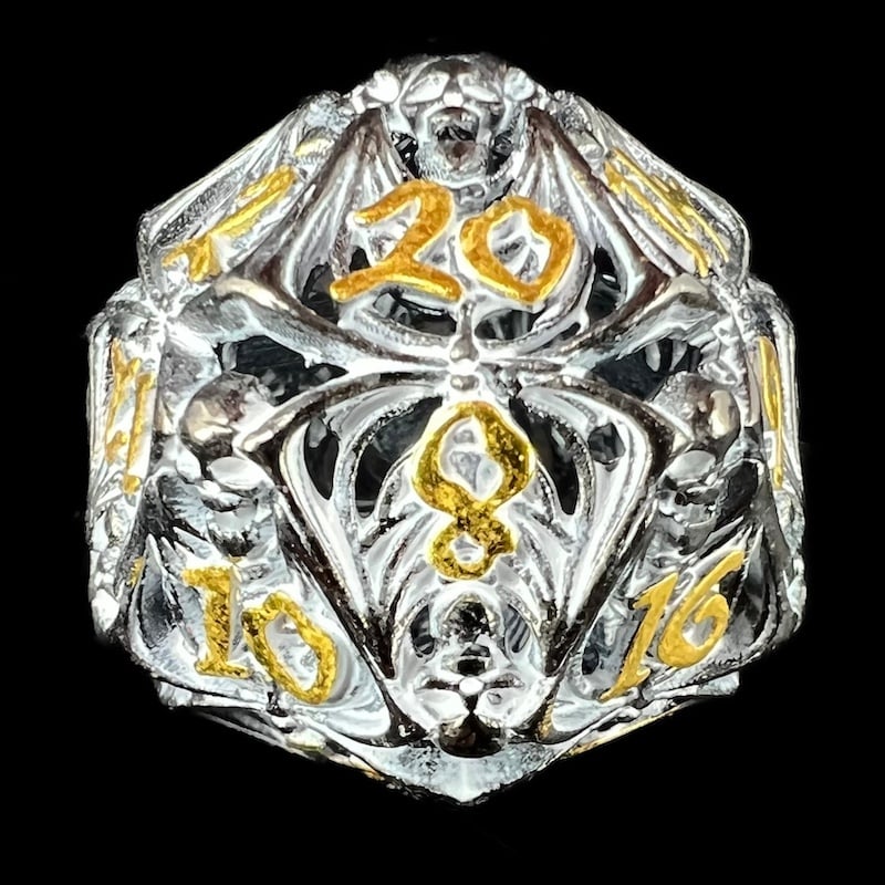 TDSO Metal Hollow Skeleton Black Nickel & White D20 Dice