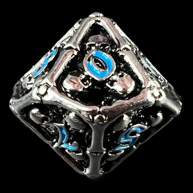 TDSO Metal Hollow Skull Silver & Blue D10 Dice