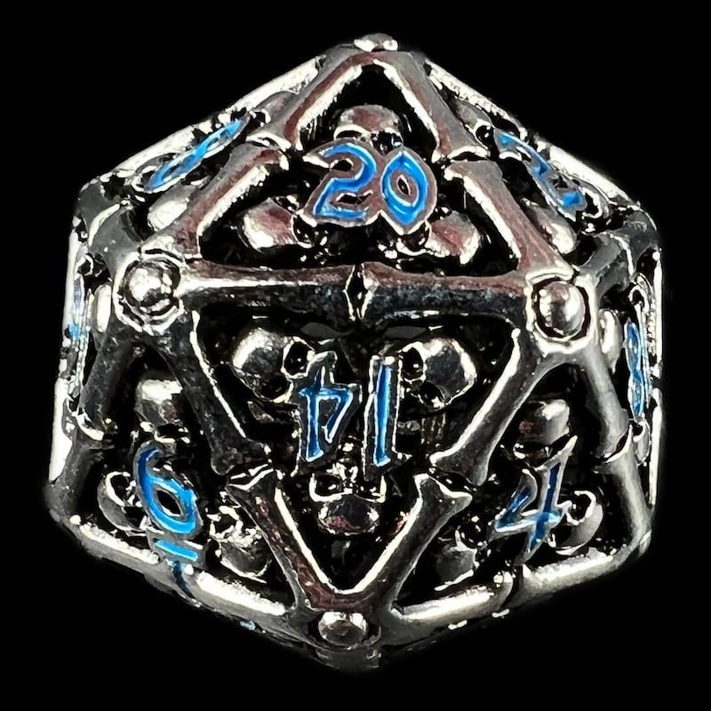 TDSO Metal Hollow Skull Silver & Blue D20 Dice