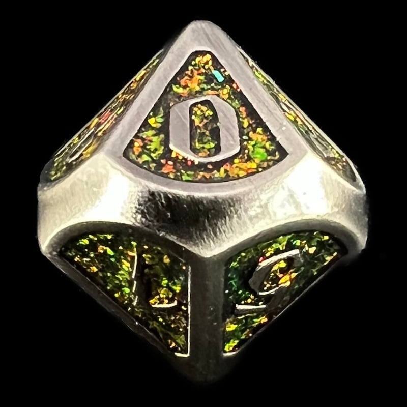 TDSO Metal Script Antique Silver & Amber Mica D10 Dice
