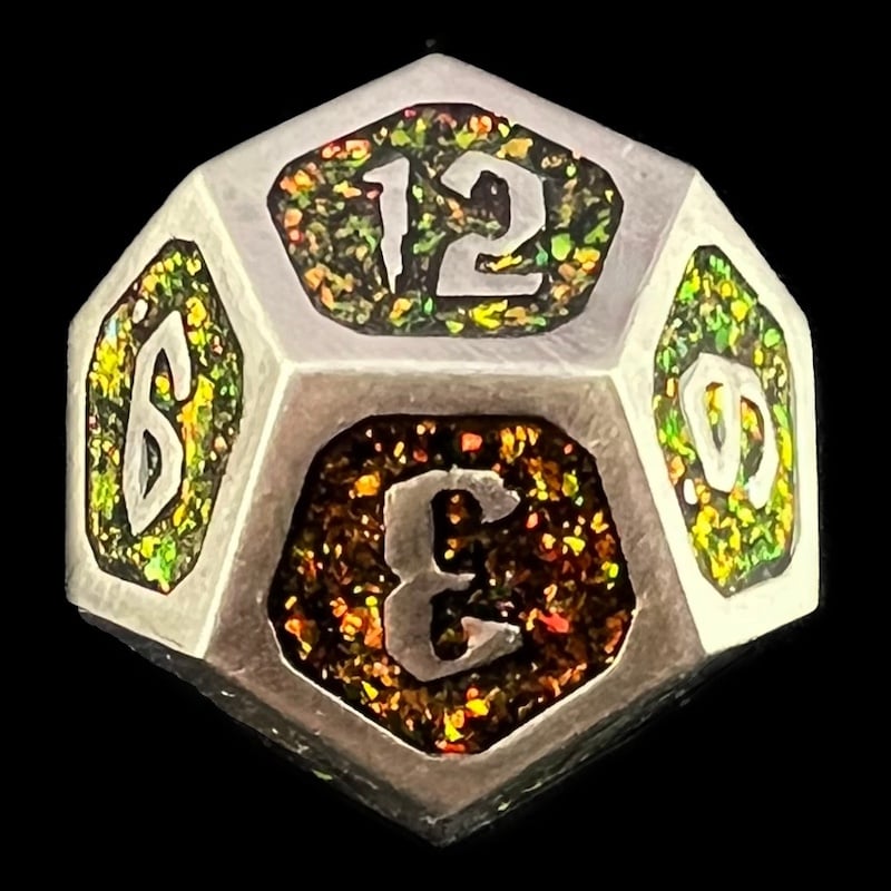 TDSO Metal Script Antique Silver & Amber Mica D12 Dice