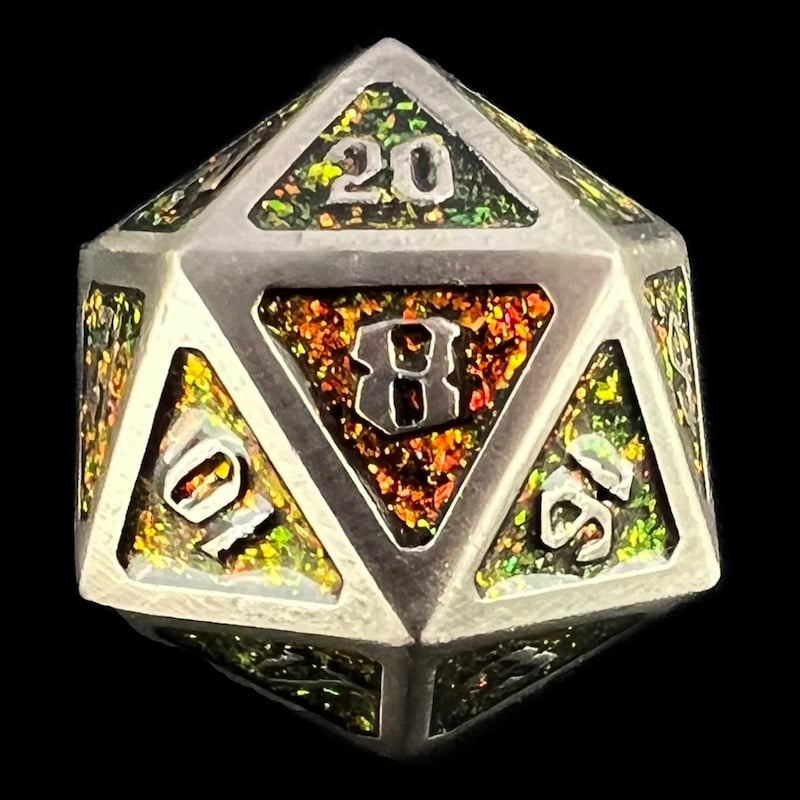 TDSO Metal Script Antique Silver & Amber Mica D20 Dice
