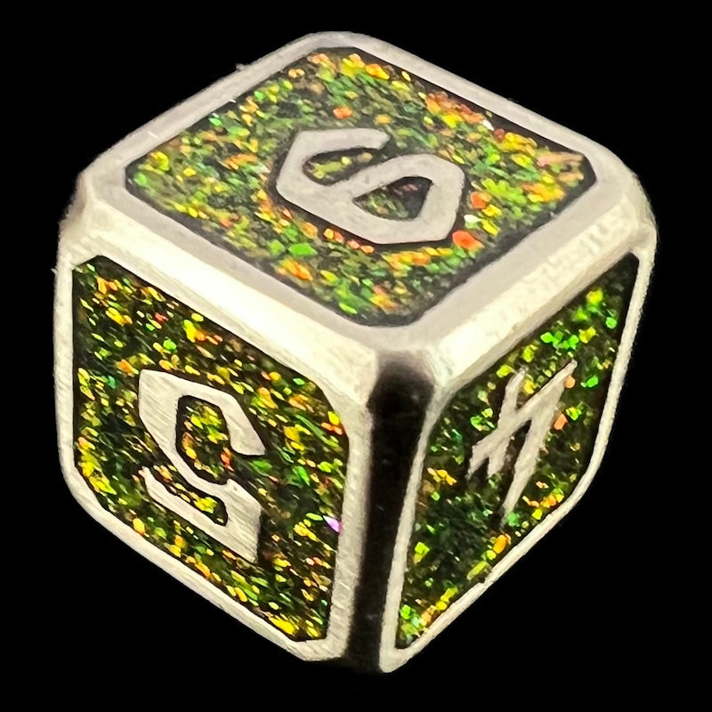 TDSO Metal Script Antique Silver & Amber Mica D6 Dice