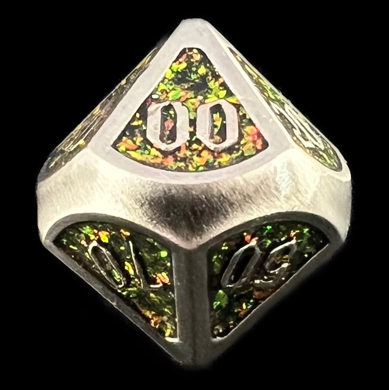 TDSO Metal Script Antique Silver & Amber Mica Percentile Dice