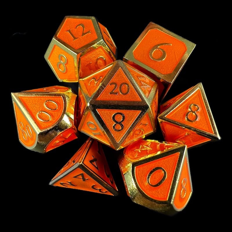 TDSO Metal Script Gold & Orange 7 Dice Polyset