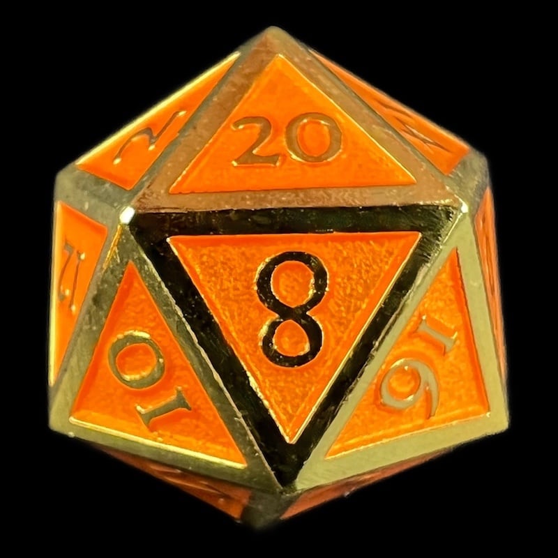 TDSO Metal Script Gold & Orange D20 Dice
