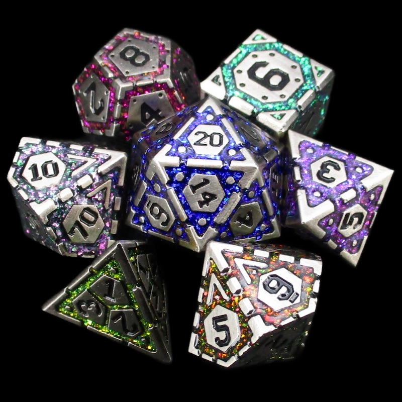 TDSO Metal Magic Shield Silver & Mica Rainbow 7 Dice Polyset