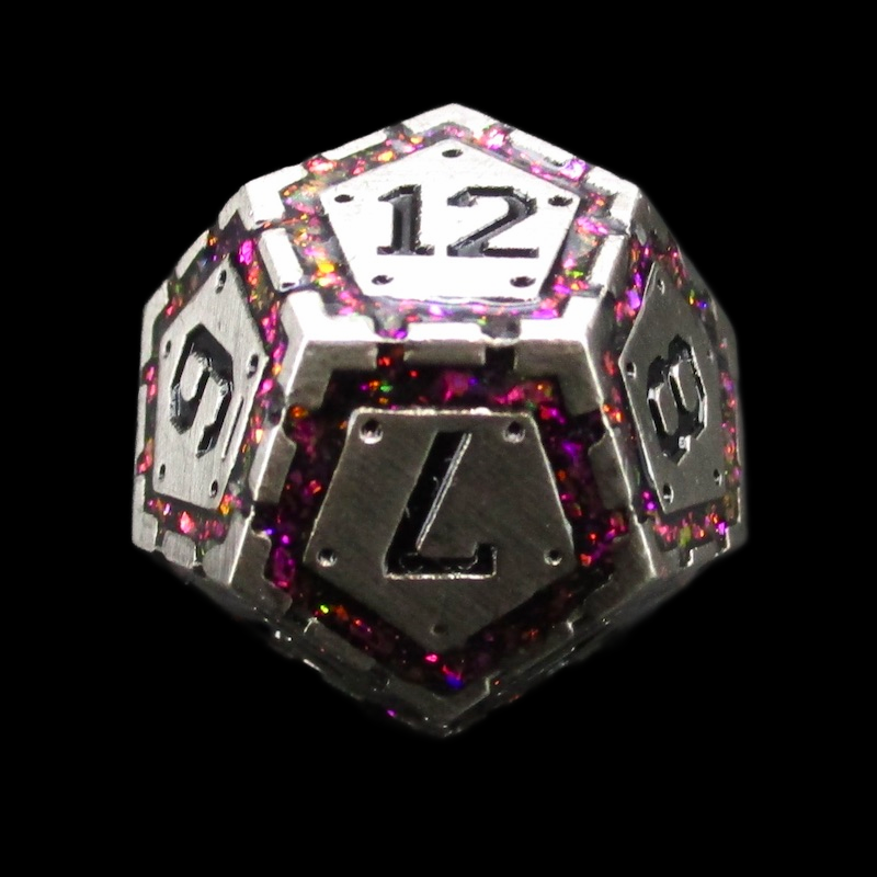 TDSO Metal Magic Shield Silver & Mica Rainbow Pink D12 Dice