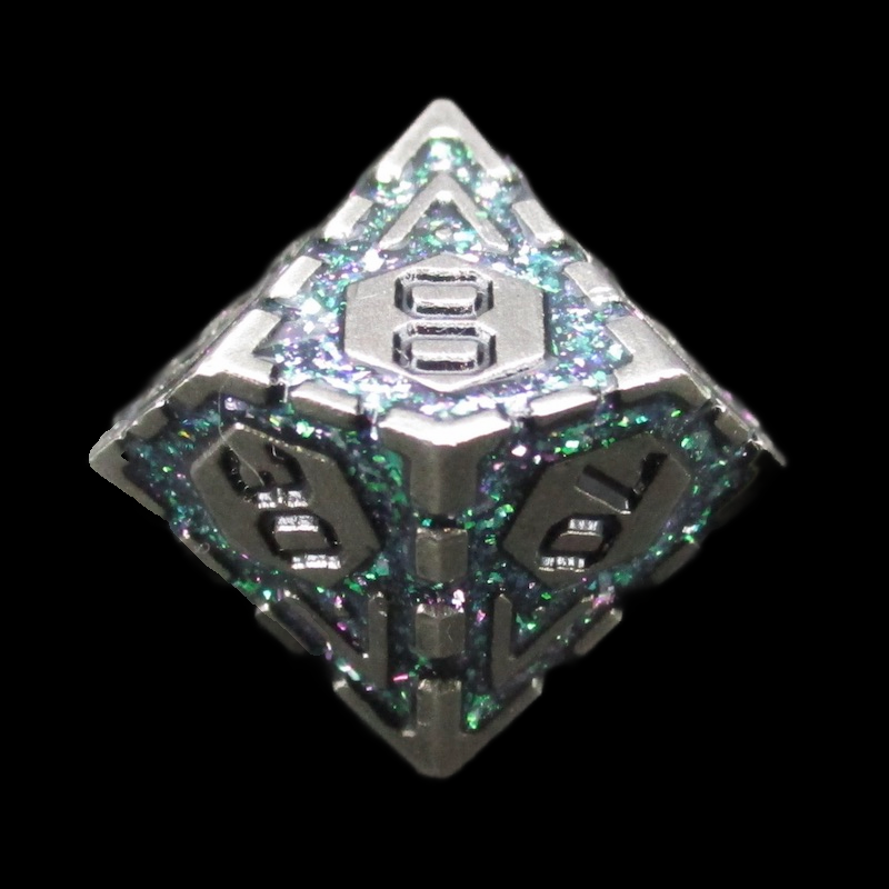TDSO Metal Magic Shield Silver & Mica Rainbow Teal Percentile Dice