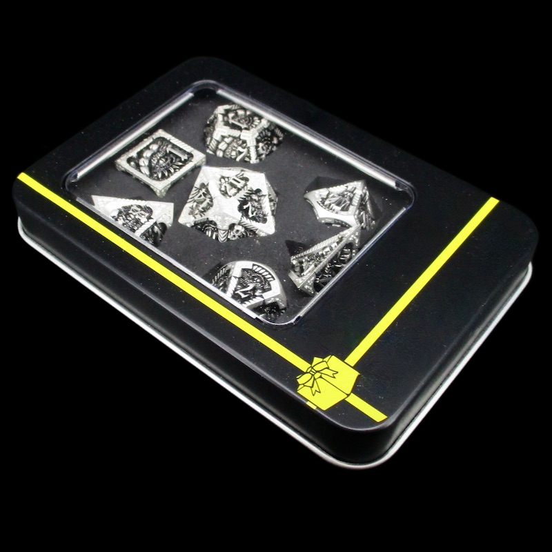 TDSO Metal Silver Dragon With Black 7 Dice Polyset in Tin