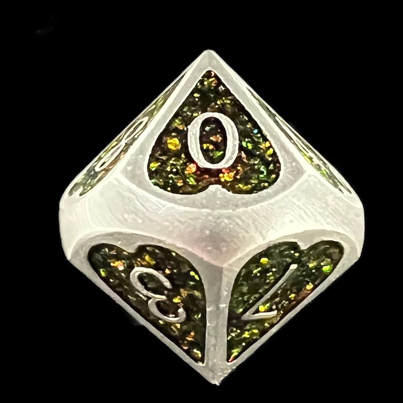 CLEARANCE TDSO Metal Silver Heart & Iridescent & Mica D10 Dice
