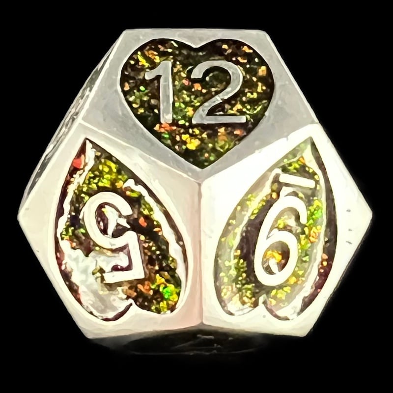 CLEARANCE TDSO Metal Silver Heart & Iridescent Mica D12 Dice