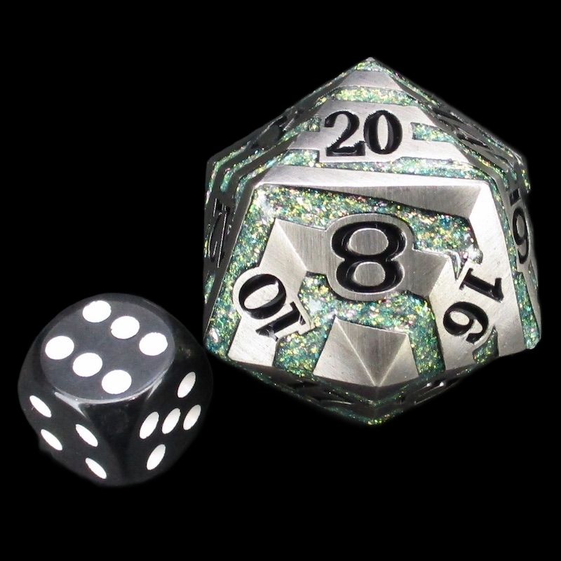 TDSO Metal Antique Silver & Green Mica Stripe Jumbo 34mm D20 Dice