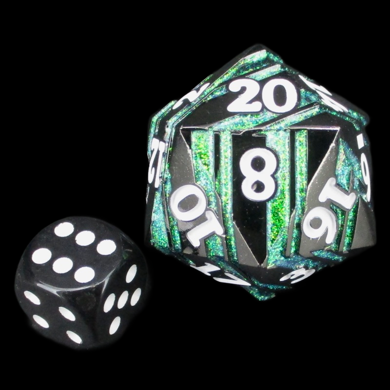 TDSO Metal Black Nickel & Green Mica With White Jumbo 34mm D20 Dice
