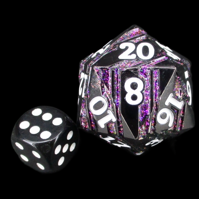 TDSO Metal Black Nickel & Purple Mica With White Jumbo 34mm D20 Dice