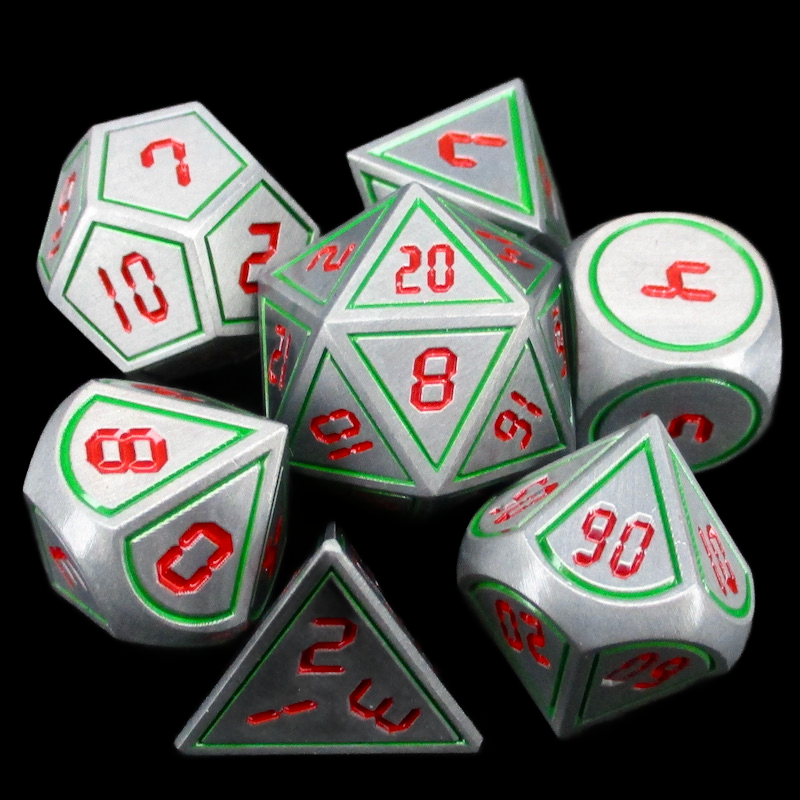 TDSO Metal Digital Steel Green &amp; Red 7 Dice Polyset