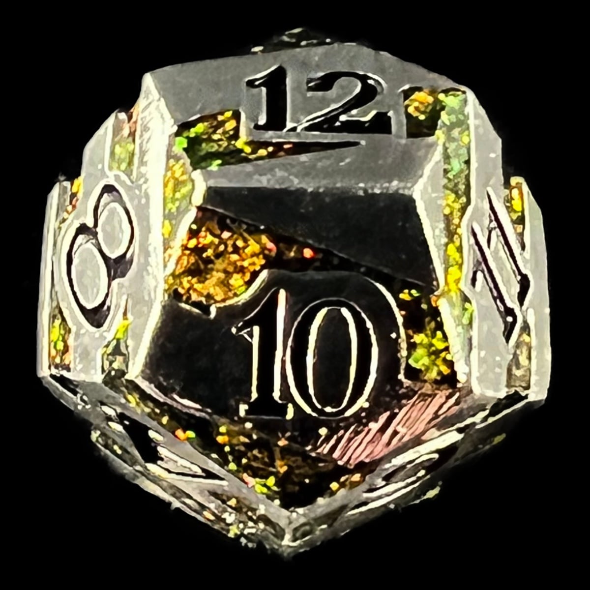 CLEARANCE TDSO Metal Tiger Stripe Silver & Amber Mica D12 Dice