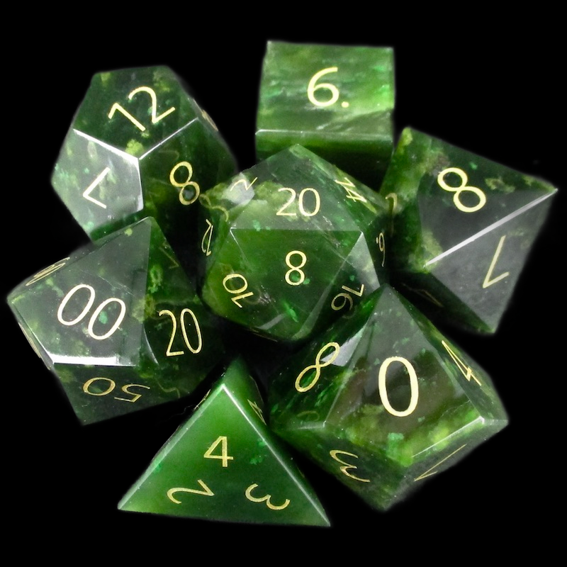 TDSO Gemstone Jade Nephrite & Gold 7 Dice Polyset In Padded Case