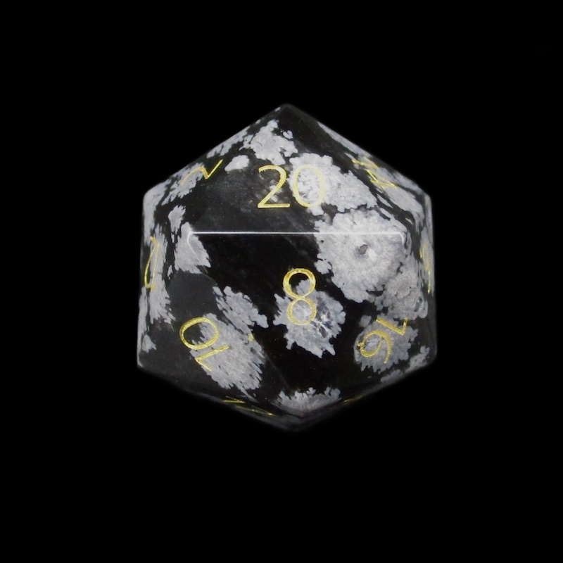 TDSO Gemstone Obsidian Snow & Gold D20 Dice