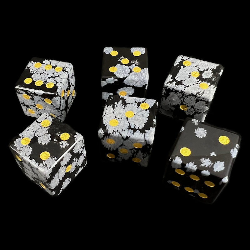 TDSO Gemstone Obsidian Snow & Gold 6 x D6 Spot Dice Set In Padded Case