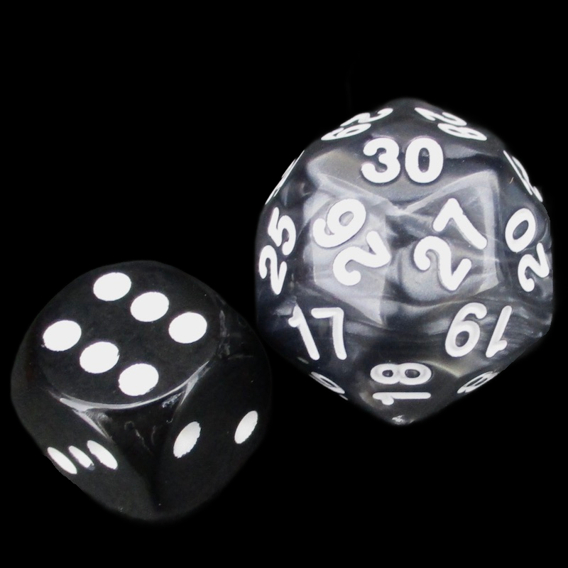 TDSO Pearl Black & White Spindown  / Countdown 25mm D30 Dice