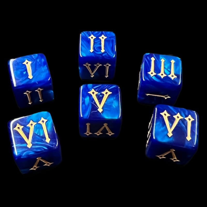 TDSO Pearl Blue & Gold Roman Numeral 6 x D6 Dice