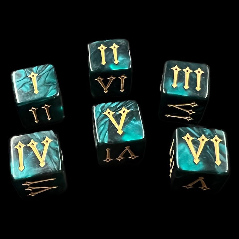 TDSO Pearl Green & Gold Roman Numeral 6 x D6 Dice