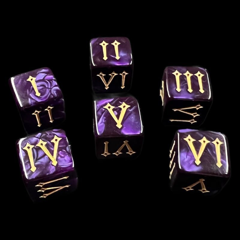 TDSO Pearl Purple & Gold Roman Numeral 6 x D6 Dice