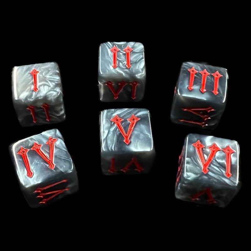TDSO Pearl Steel & Red Roman Numeral 6 x D6 Dice