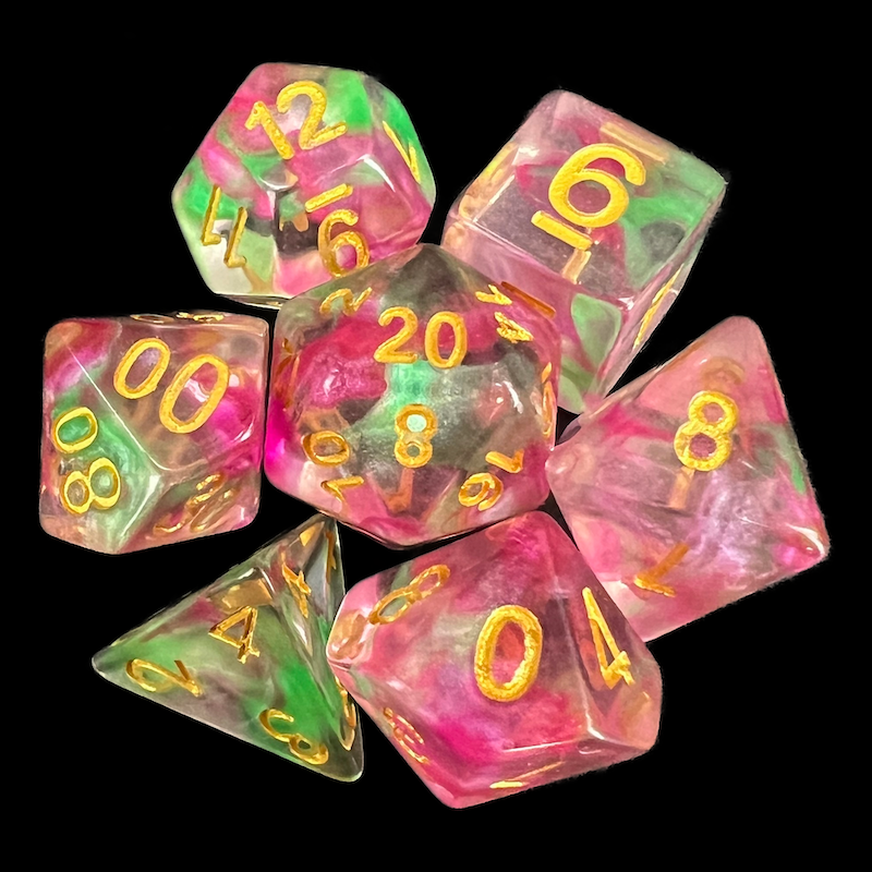 TDSO Pearl Swirl Rose & Green 7 Dice Polyset