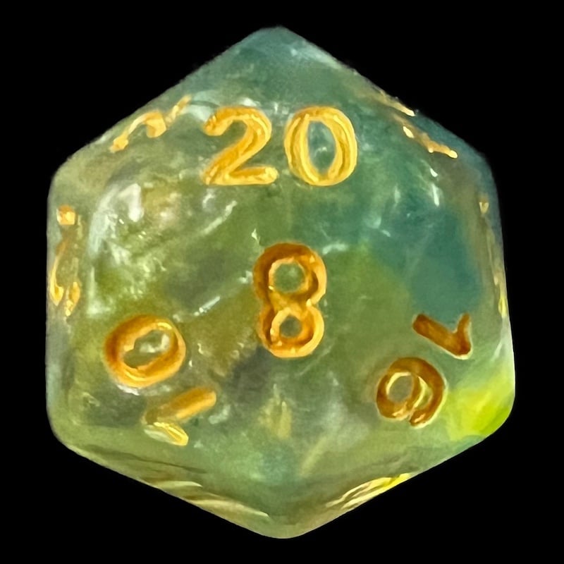 HALF PRICE CLEARANCE TDSO Pearl Swirl Yellow & Blue D20 Dice