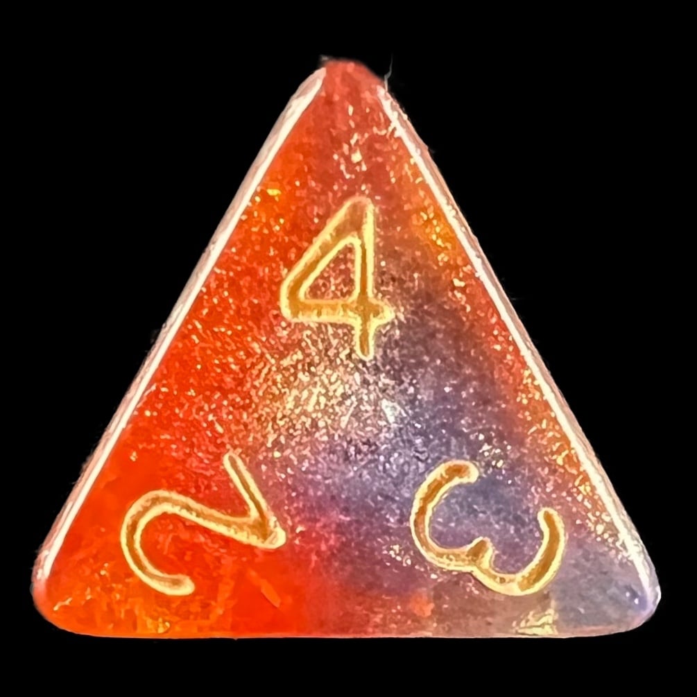HALF PRICE CLEARANCE TDSO Phoenix Multi Glitter Blue Gold & Red D4 Dice