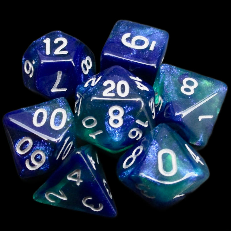 TDSO Light Reactive Blue & Green with Silver 7 Dice Polyset
